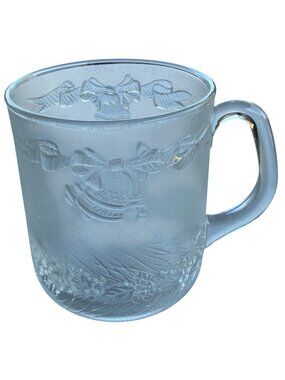 Set of 6 VINTAGE Duralex Christmas Holiday 12 oz. Clear Embossed Glass Mugs-READ